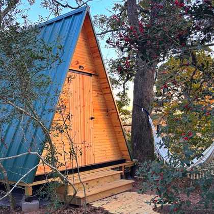 A-frame cabin nestled in the trees