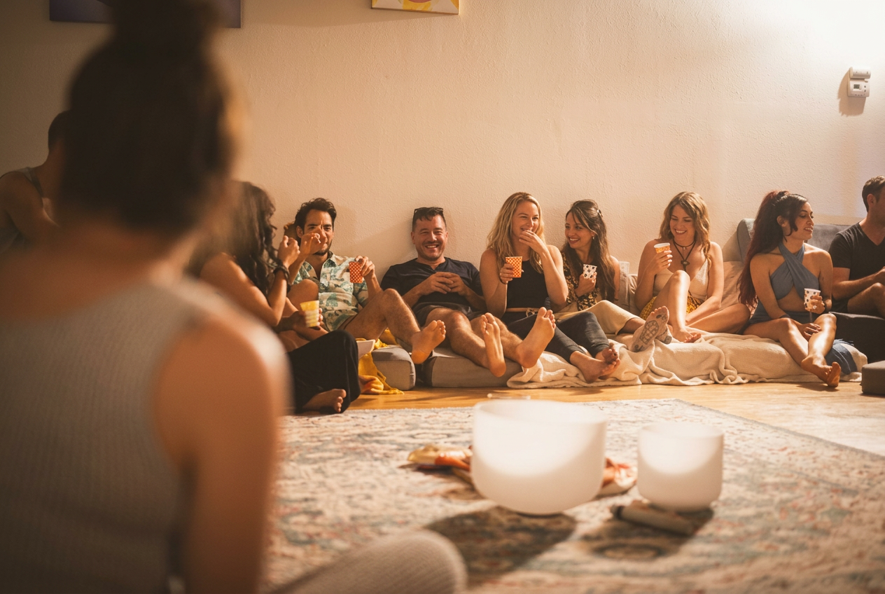 Retreat participants sharing a cacao ceremony together
