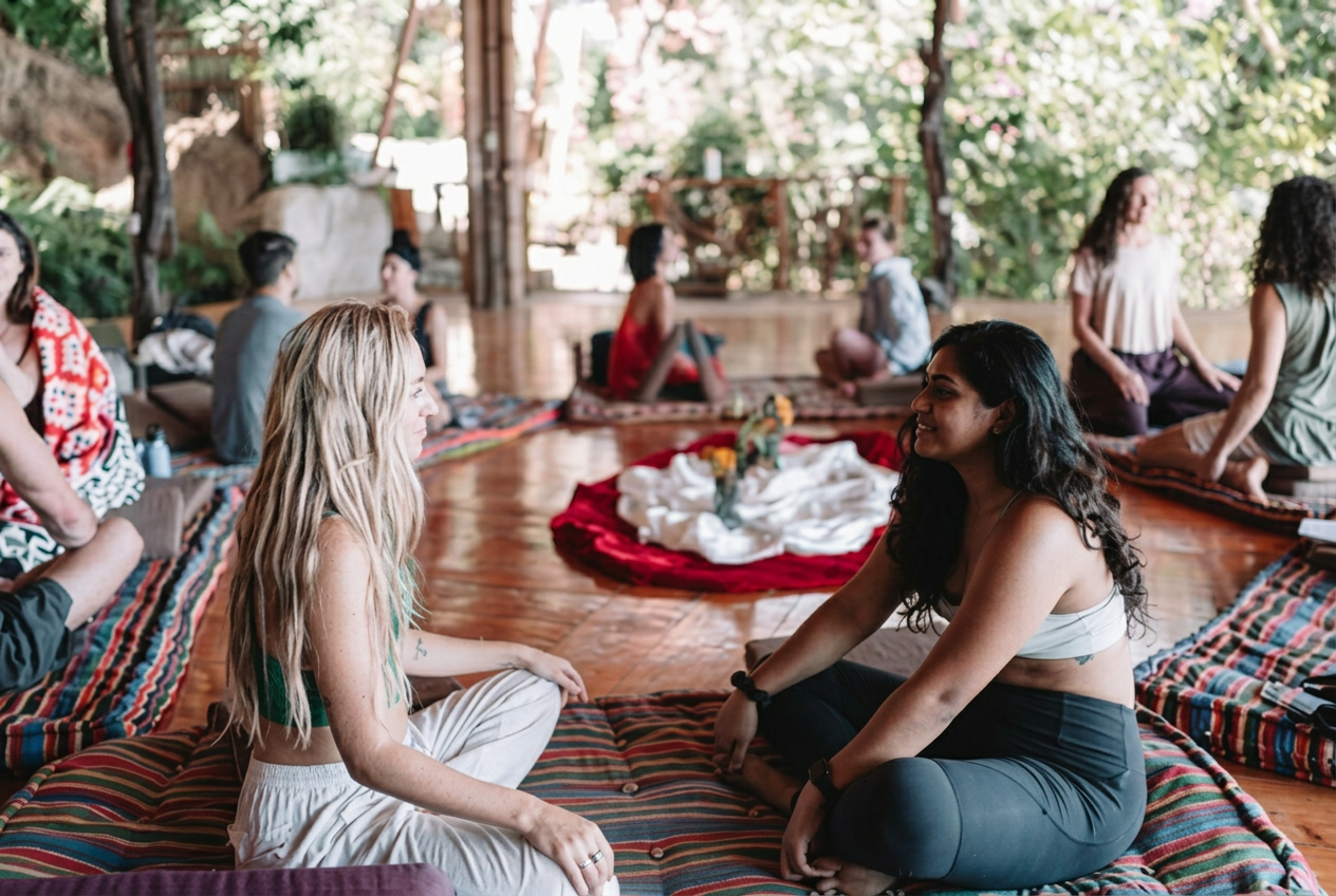 Two participants sitting closely in conversation