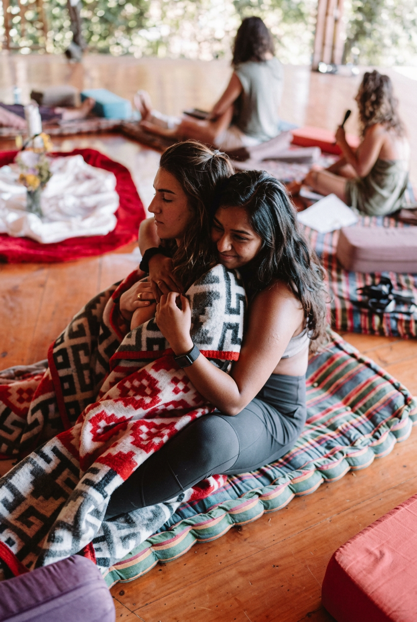 Two participants embracing wrapped in a blanket